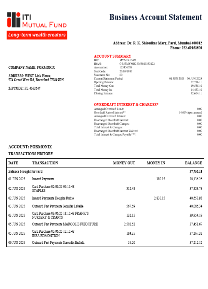 Download ITI  Mutual Funds business bank company statement Word and PDF format Photoshop template